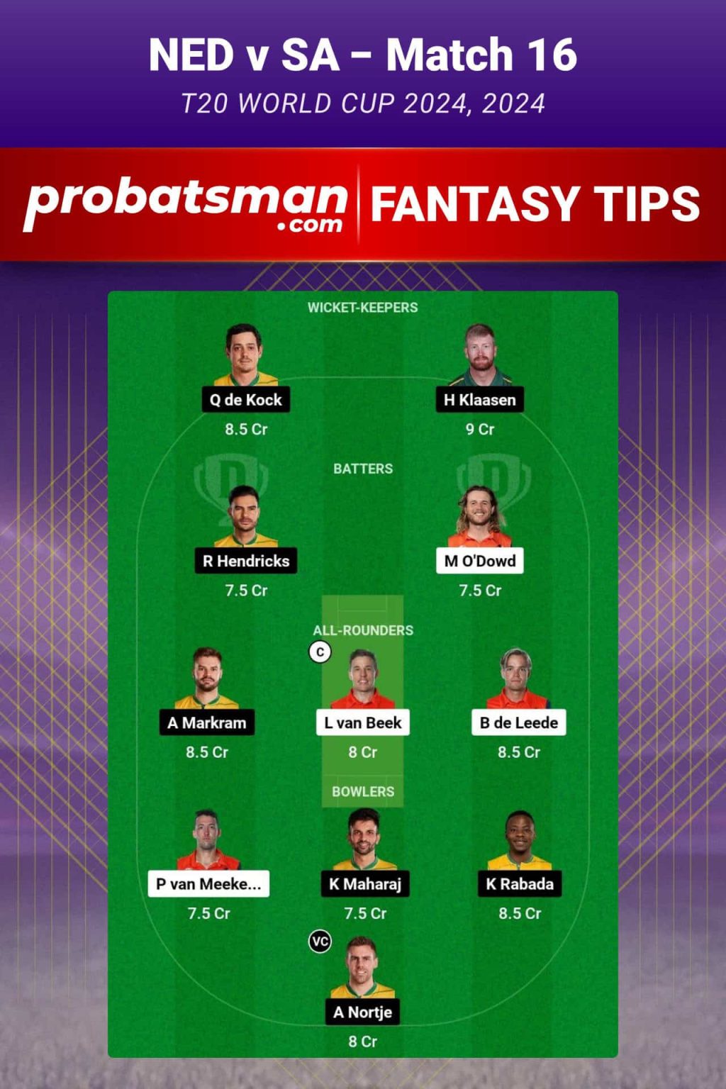 NED Vs SA Dream11 Prediction Fantasy Cricket Tips Playing XI Pitch