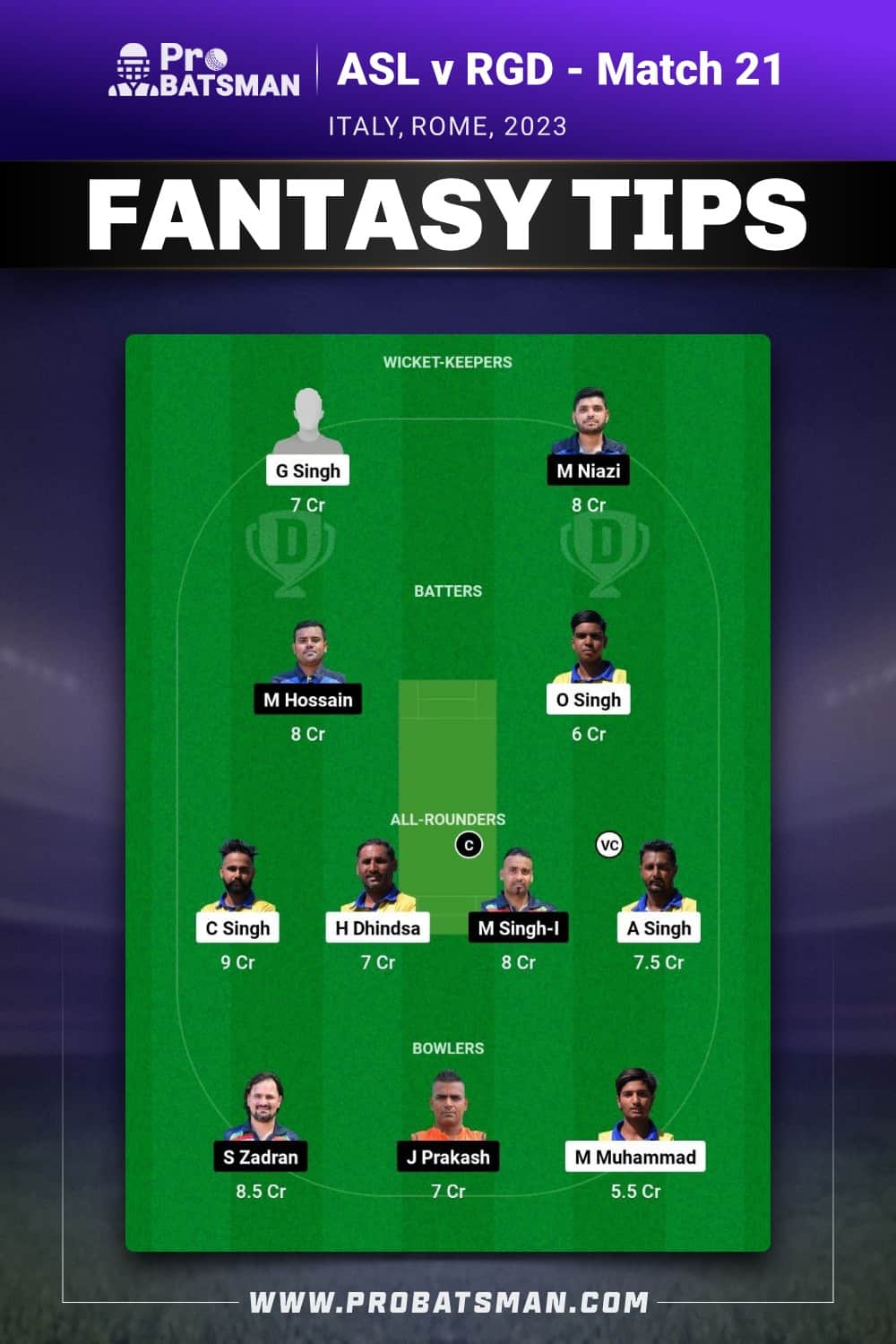 ASL vs RGD Dream11 Prediction - Fantasy Team 1