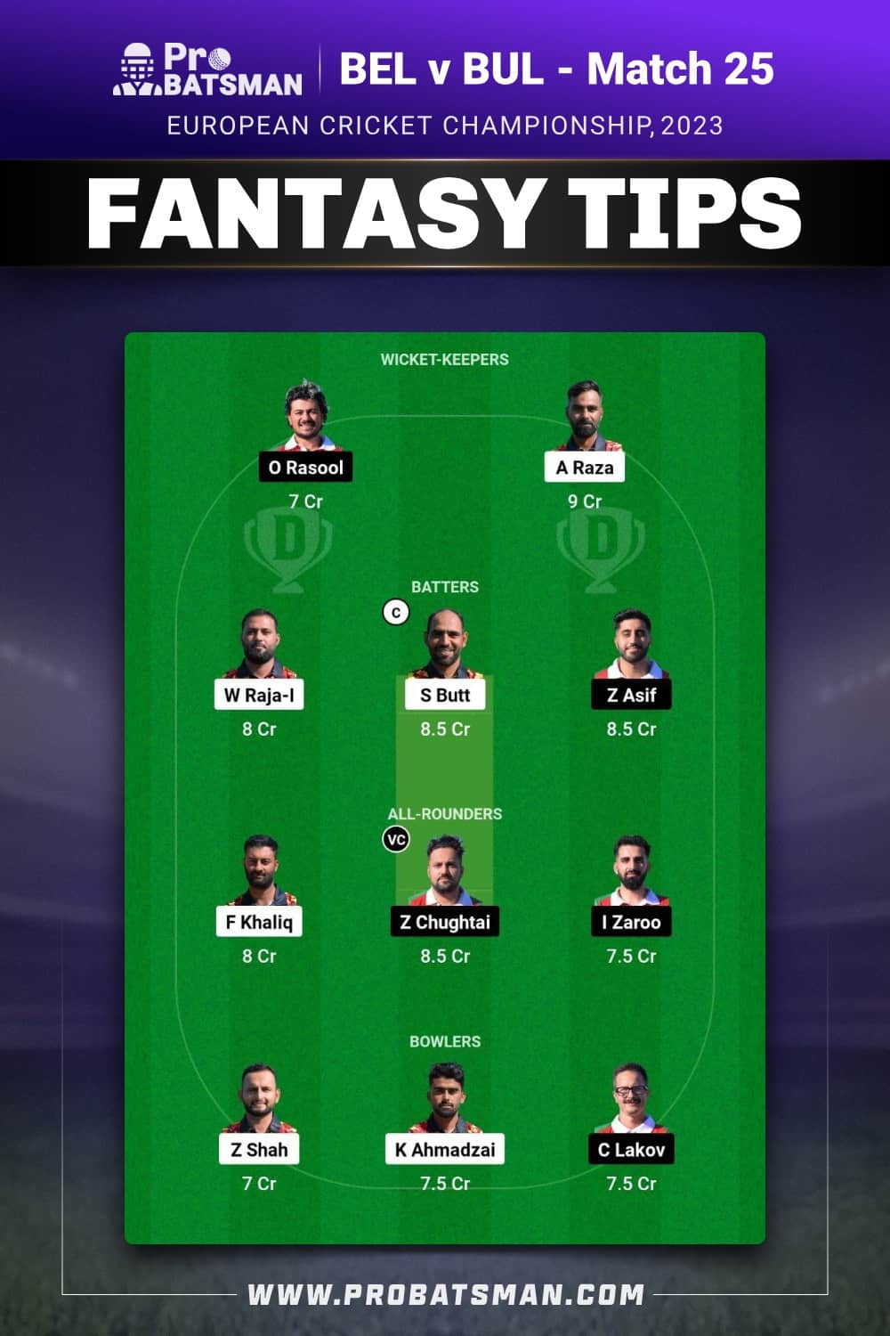 BEL vs BUL Dream11 Prediction - Fantasy Team 1