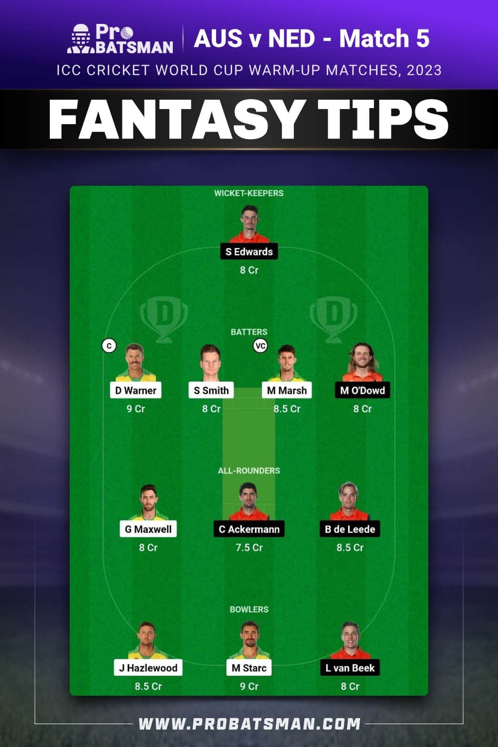 AUS vs NED Dream11 Prediction - Fantasy Team 1