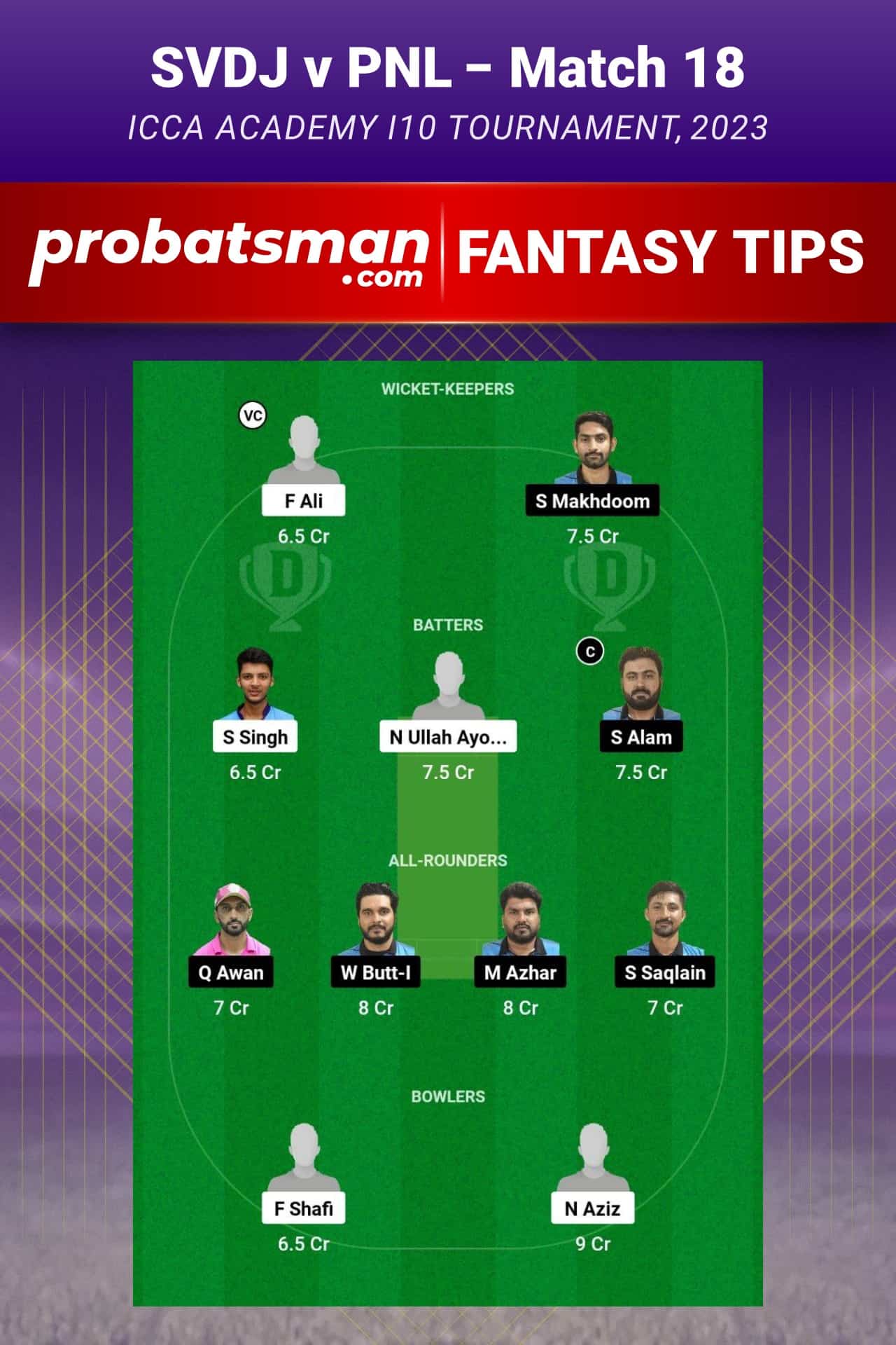 SVDJ vs PNL Dream11 Prediction - Fantasy Team 1