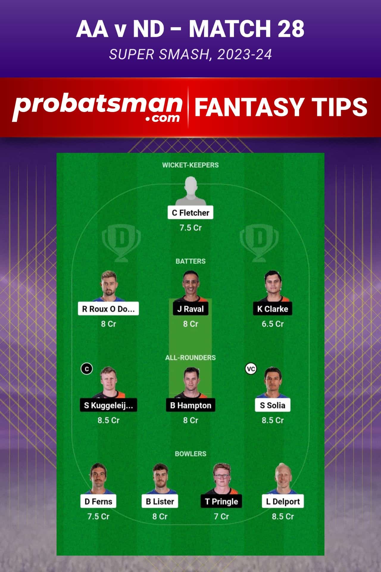 AA vs ND Dream11 Prediction - Fantasy Team 1