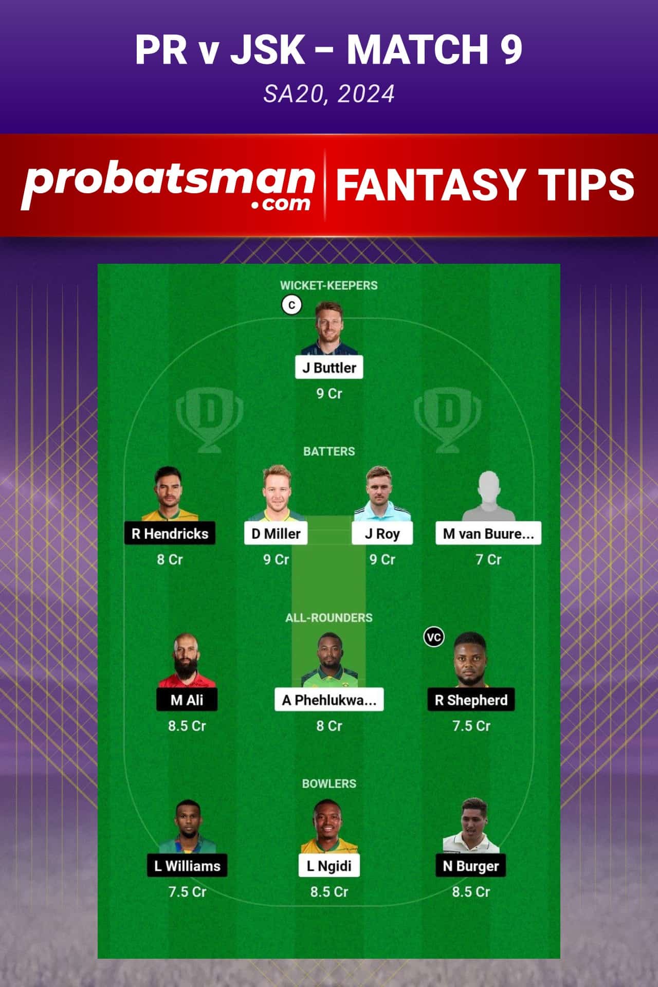 PR vs JSK Dream11 Prediction - Fantasy Team 1