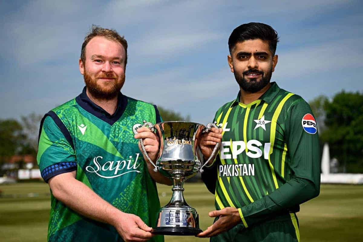 Ireland captain Paul Stirling and Pakistan captain Babar Azam with the trophy