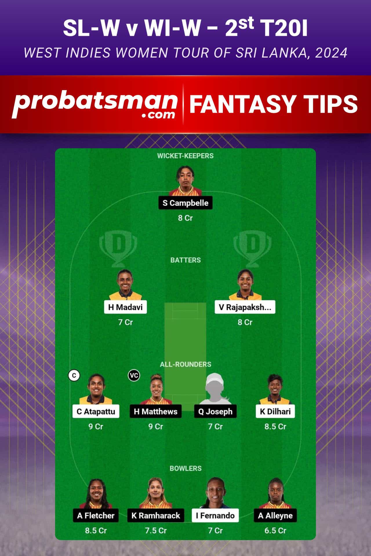 SL-W vs WI-W Dream11 Prediction For 2nd T20I of West Indies Women tour of Sri Lanka 2024
