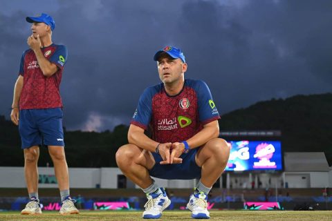 Afghanistan Cricket Team Head Coach, Jonathan Trott inspects the pitch prior to a T20 World Cup Match