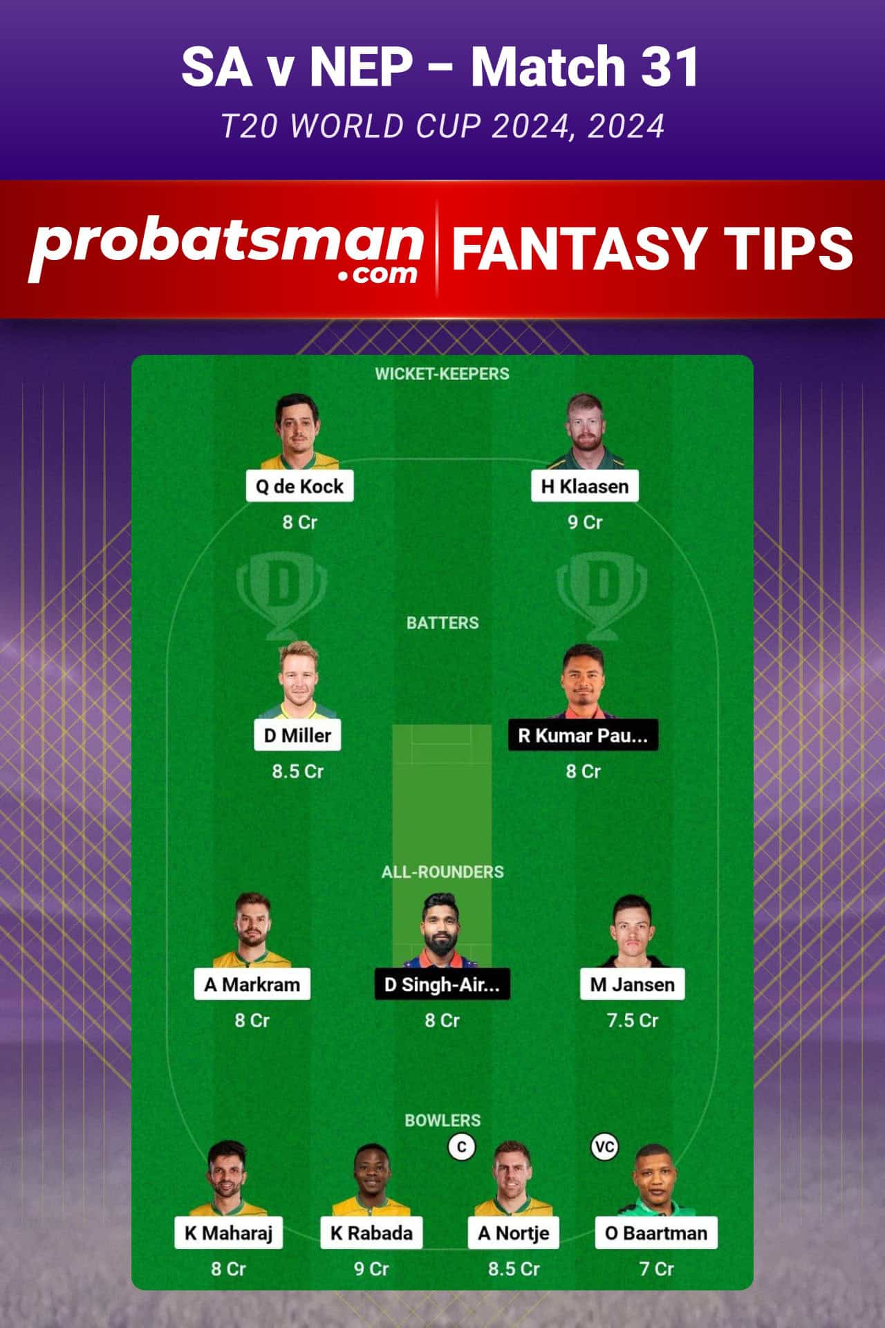 SA vs NEP Dream11 Prediction For Match 31 of T20 World Cup 2024
