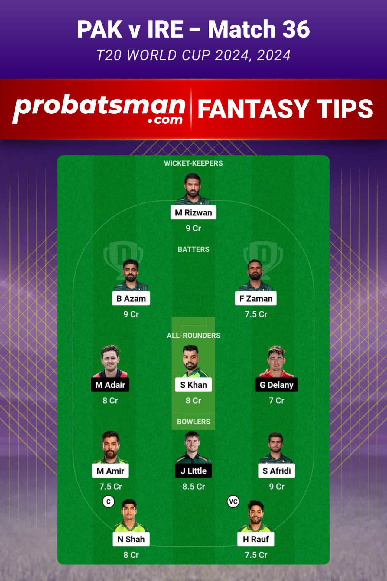 PAK vs IRE Dream11 Prediction For Match 36 of T20 World Cup 2024