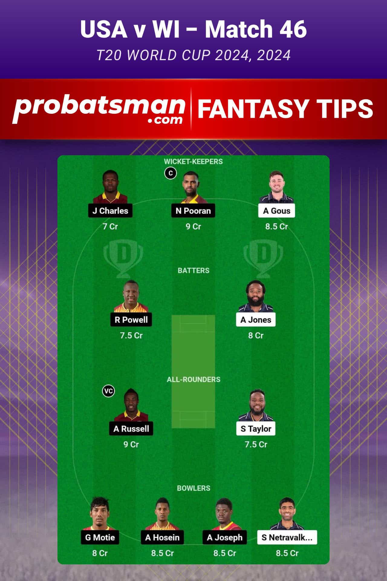 USA vs WI Dream11 Prediction For Match 46 of T20 World Cup 2024