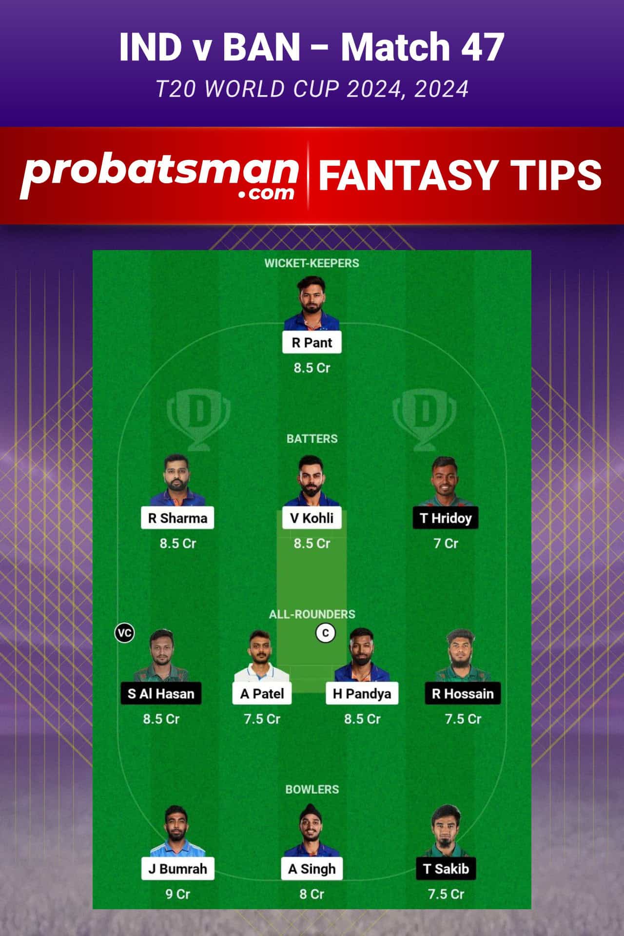 IND vs BAN Dream11 Prediction, Fantasy Cricket Tips, Playing XI, Pitch Report, Player Stats & Injury Updates For Match 47 of T20 World Cup 2024