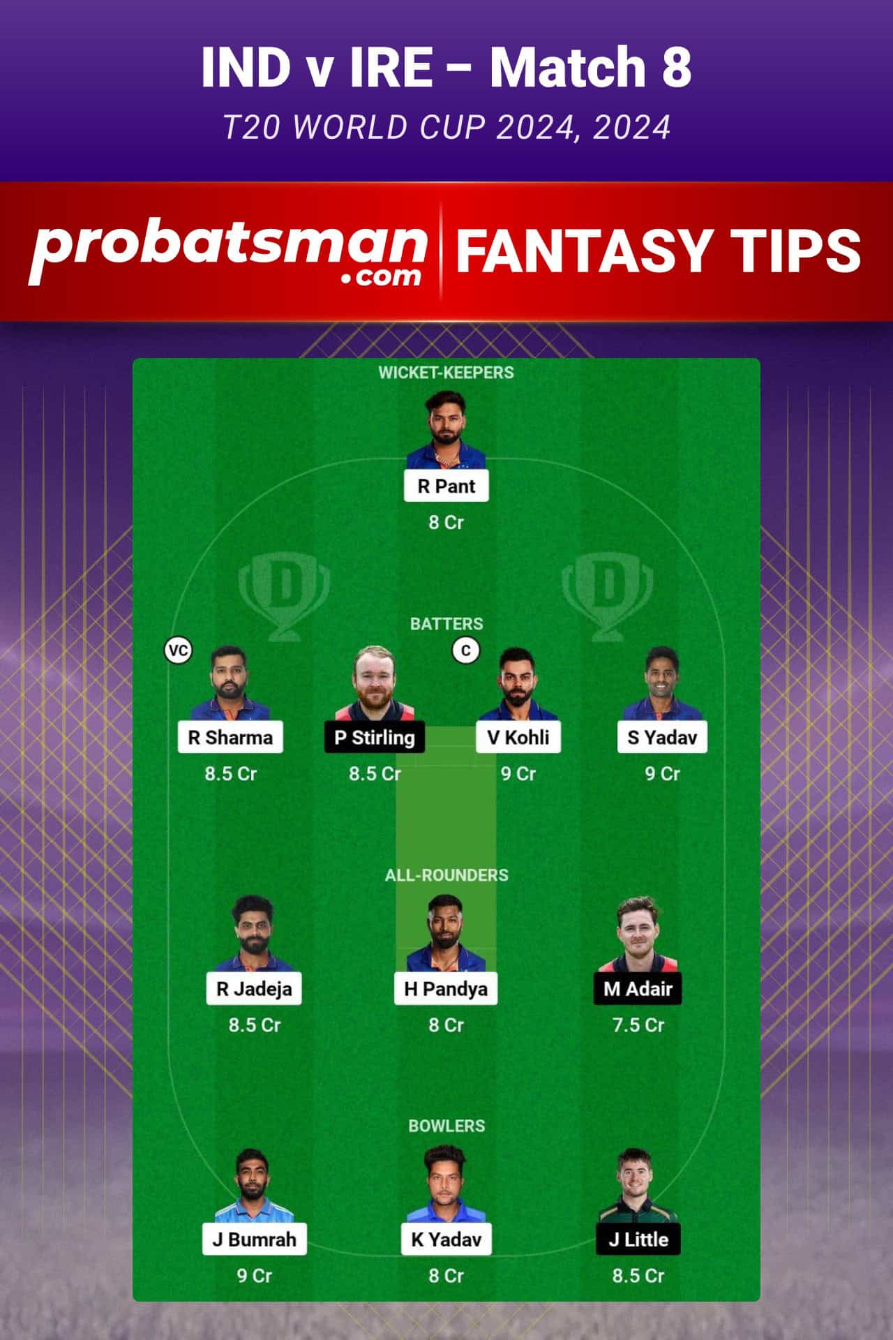 IND vs IRE Dream11 Prediction, Fantasy Cricket Tips, Playing XI, Pitch Report, Player Stats & Injury Updates For Match 8 of T20 World Cup 2024