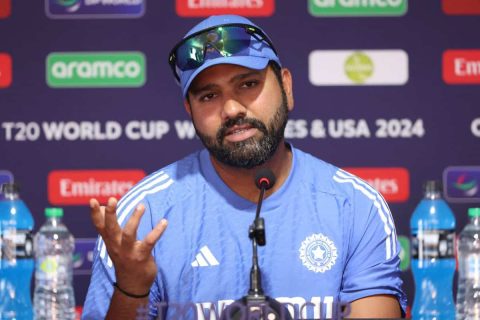 Rohit Sharma speaks to the media at a press conference