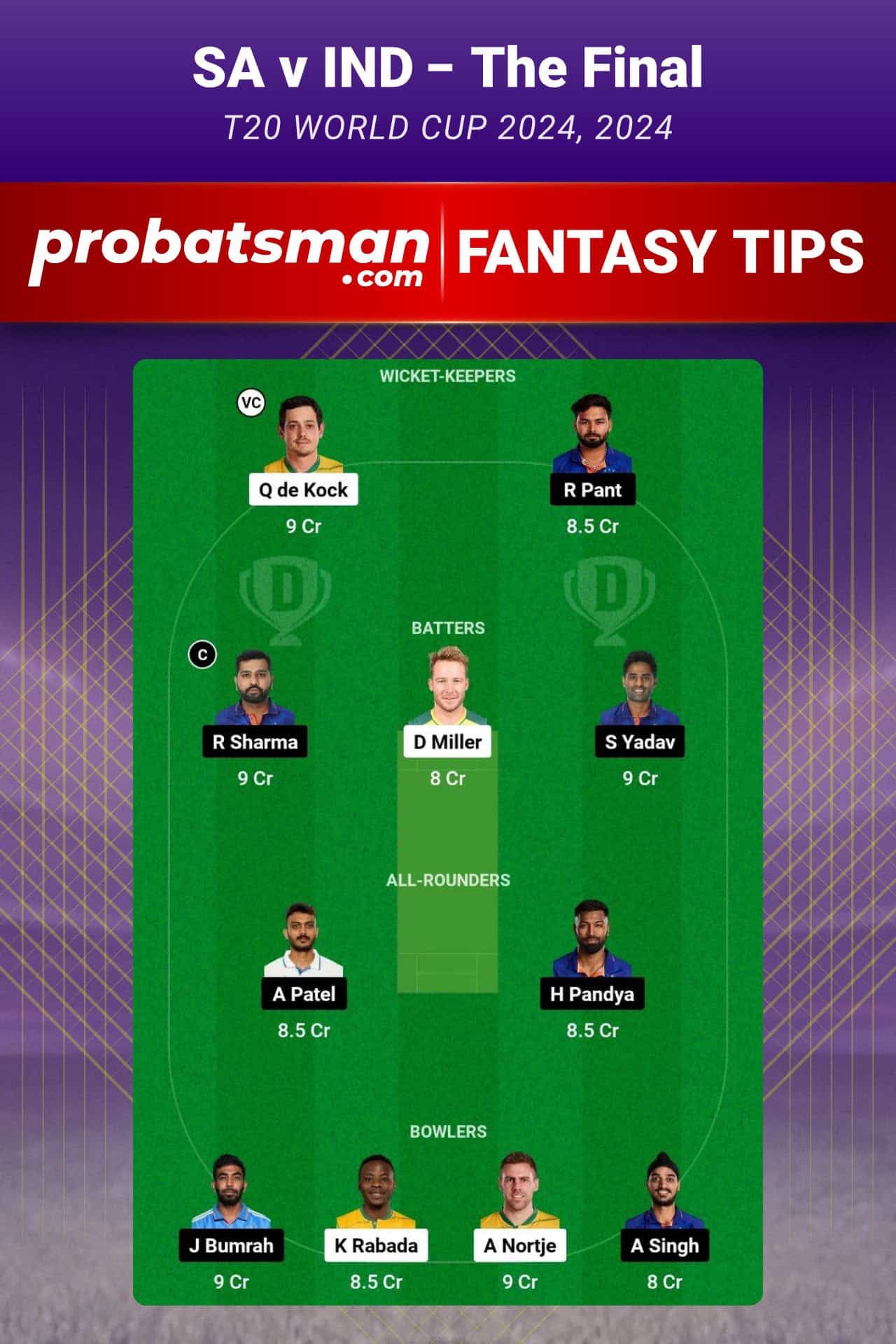 SA vs IND Dream11 Prediction For The Final of T20 World Cup 2024