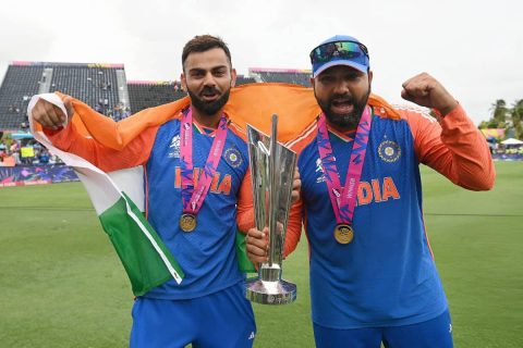 Virat Kohli and Rohit Sharma Pose with T20 World Cup 2024 Trophy