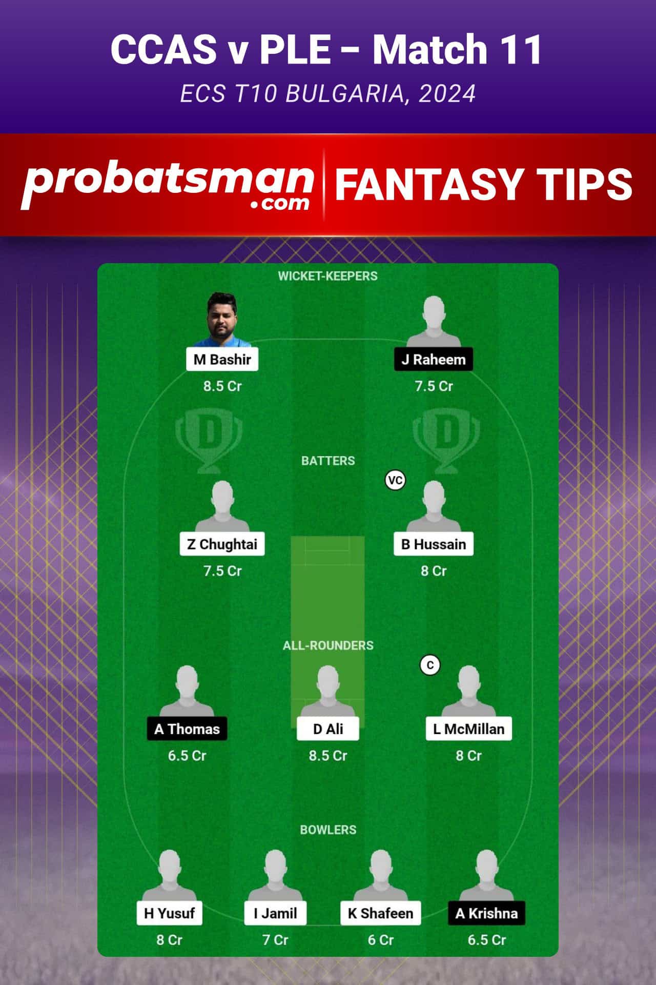 CCAS vs PLE Dream11 Prediction For Match 11 of ECS T10 Bulgaria 2024