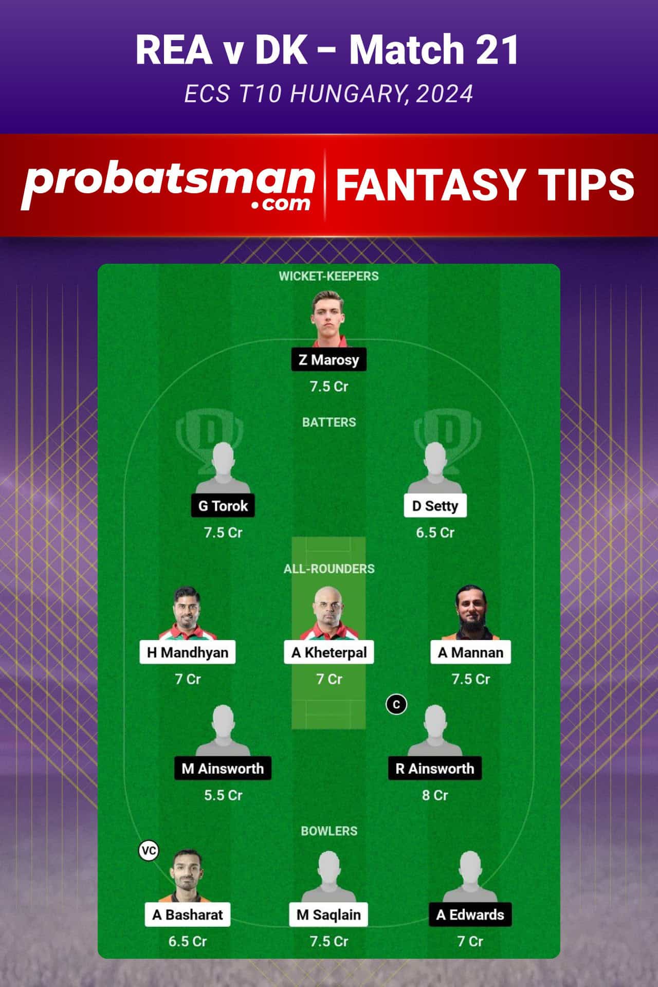 REA vs DK Dream11 Prediction For Match 21 of ECS T10 Hungary 2024