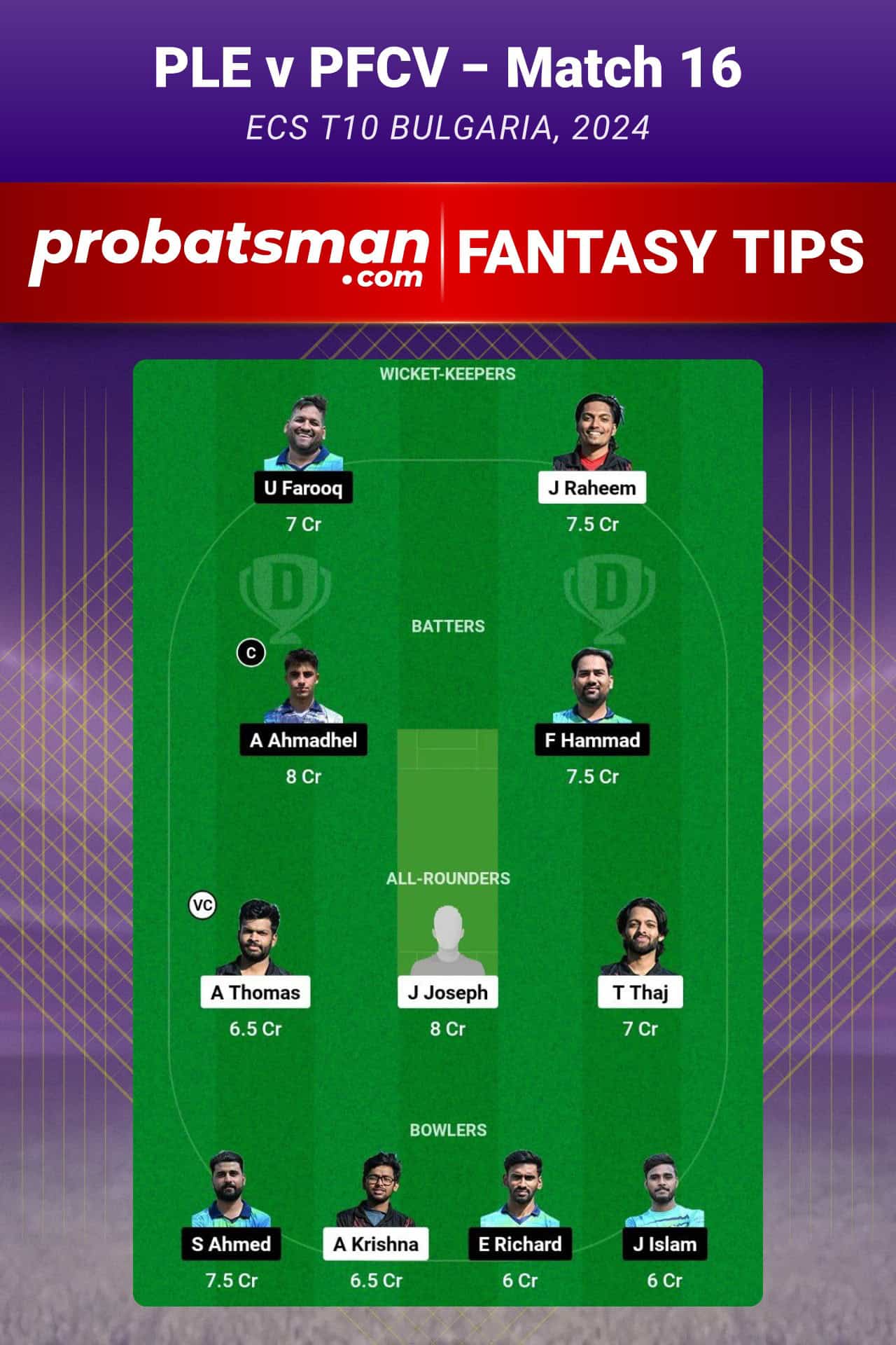 Match 16 PLE vs PFCV Dream11 Prediction Fantasy Team ECS T10 Bulgaria, 2024