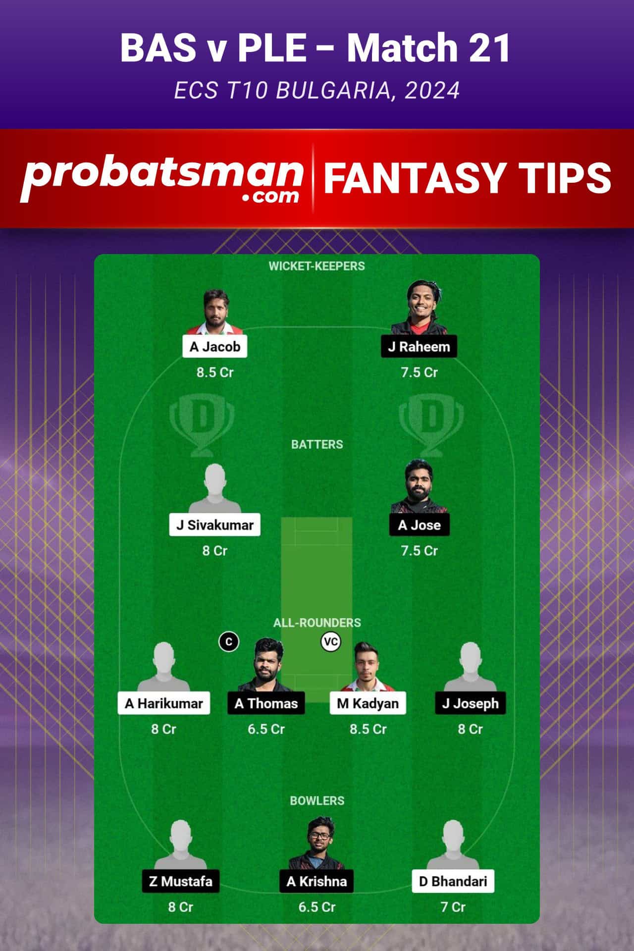 BAS vs PLE Dream11 Prediction For Match 21 of ECS T10 Bulgaria 2024