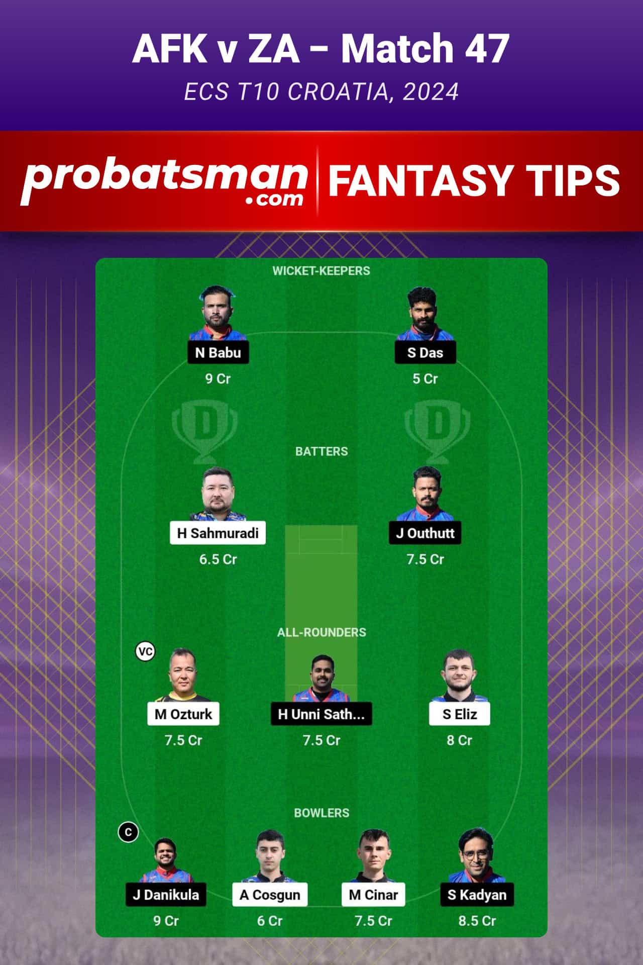 AFK vs ZA Dream11 Prediction For Match 47 of ECS T10 Croatia 2024