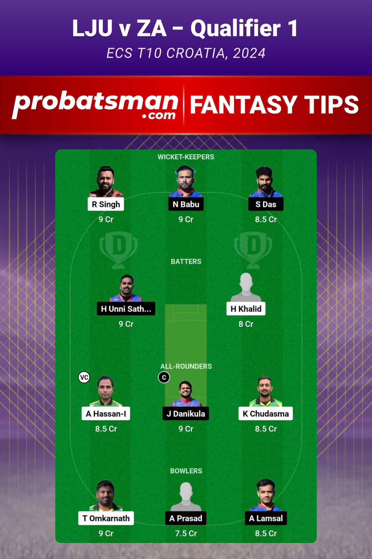 LJU vs ZA Dream11 Prediction For Qualifier 1 of ECS T10 Croatia 2024