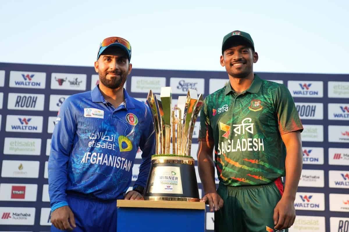 Afghanistan Captain Hashmatullah Shahidi and Bangladesh Captain Najmul Hossain Shanto pose with the series trophy