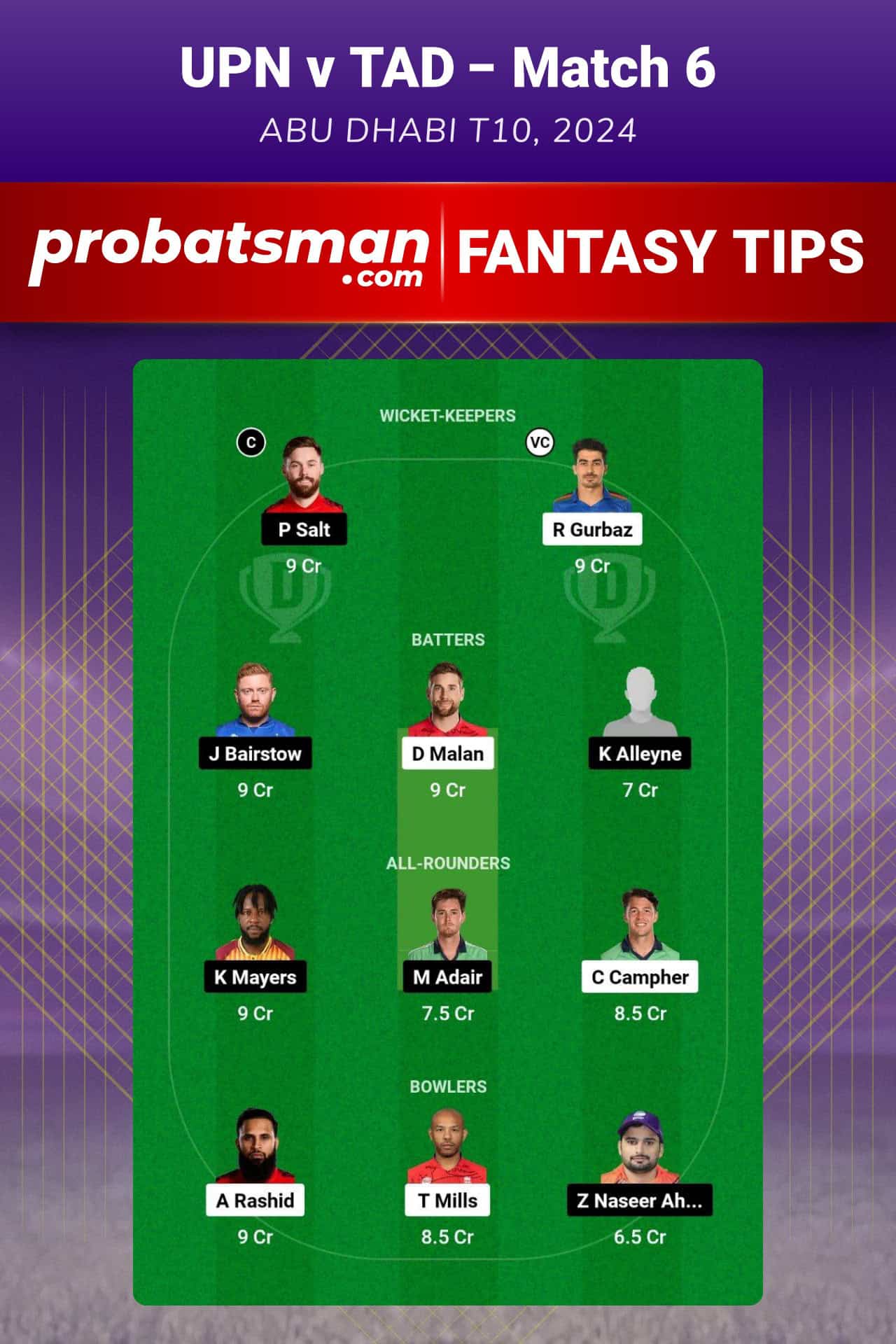 UPN vs TAD Dream11 Prediction For Match 6 of Abu Dhabi T10 2024