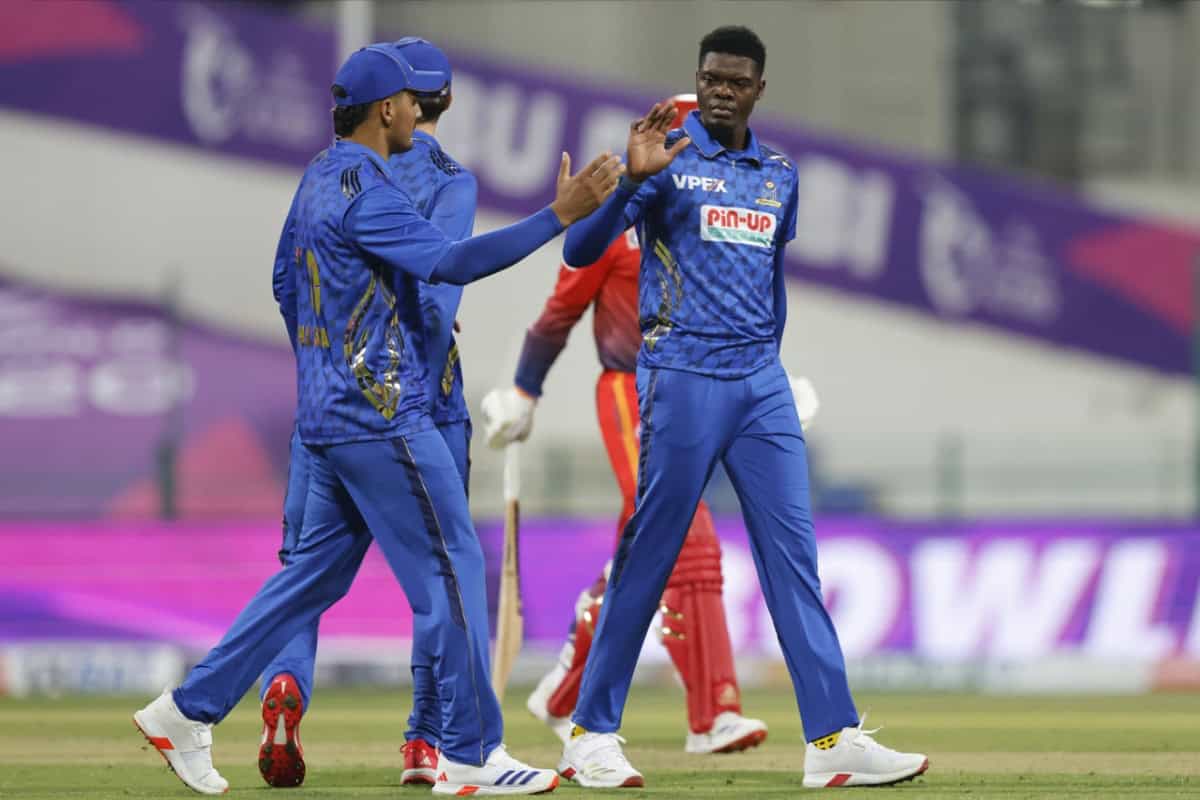 Alzarri Joseph of MI Emirates celebrates wicket ILT20 2025