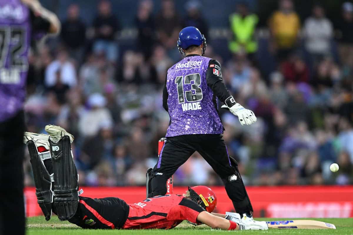 Jake Fraser-McGurk of Melbourne Renegades Runout by Matthew Wade of Hobart Hurricanes in a BBL 2024/25 Match