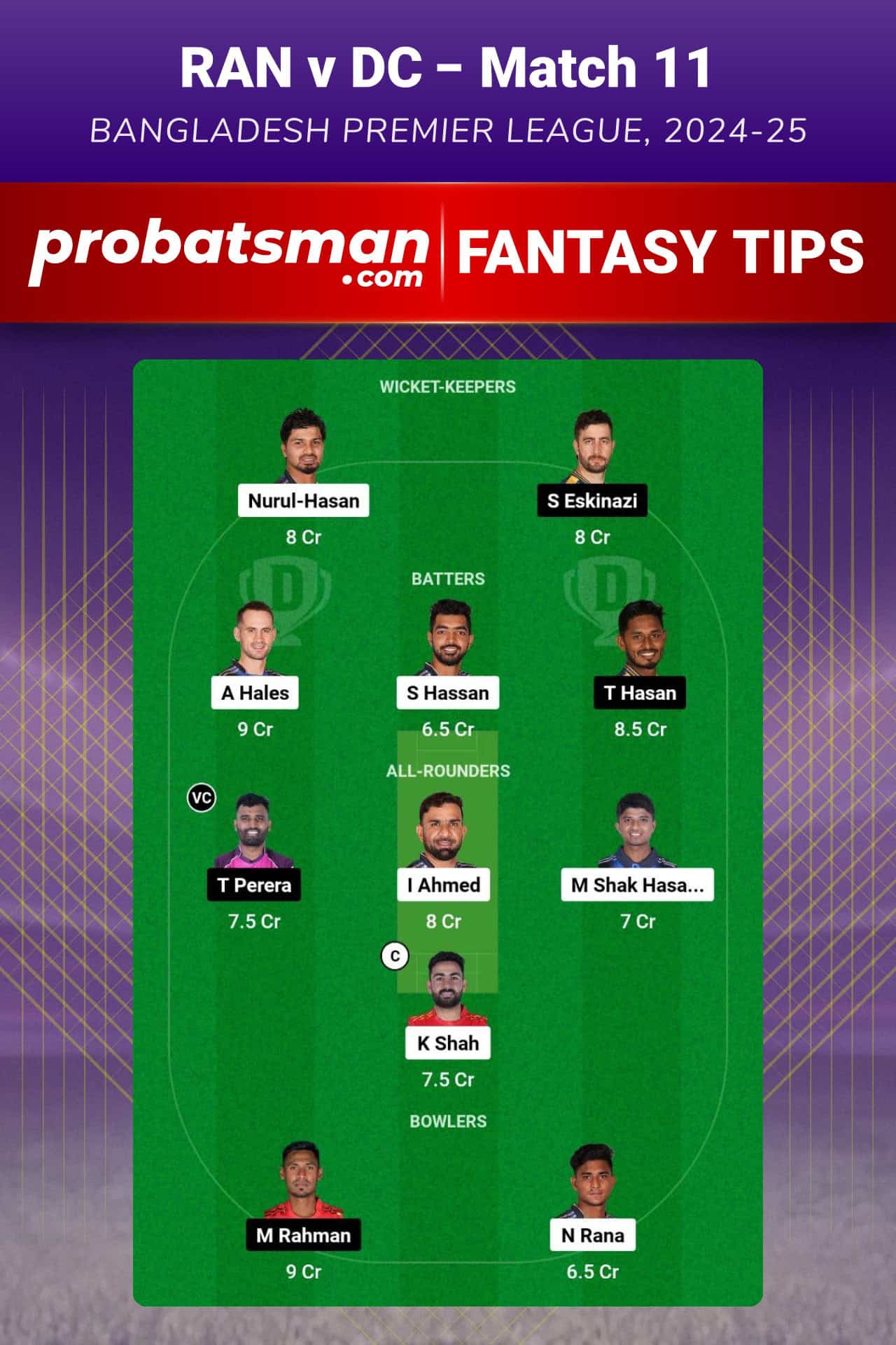 RAN vs DC Dream11 Prediction For Match 11 of Bangladesh Premier League 2024-25