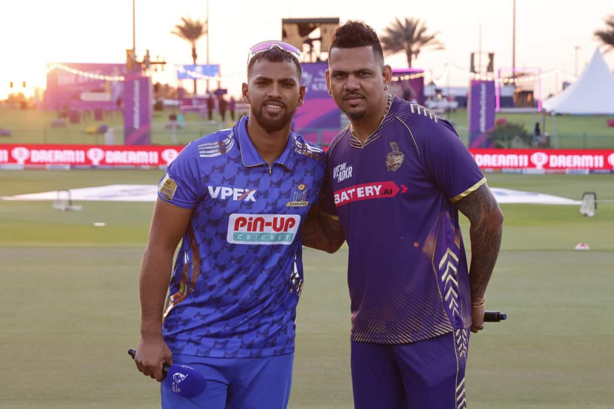 Nicholas Pooran (MI Emirates) and Sunil Narine (Abu Dhabi Knight Riders) at Toss