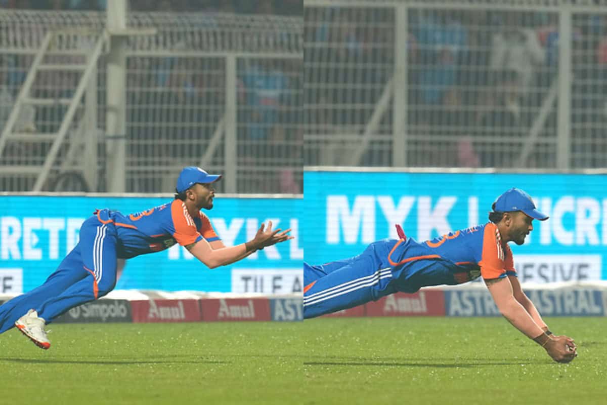 Nitish Kumar Reddy of India takes the catch to dismiss Jos Buttler in India vs England 1st T20I Match