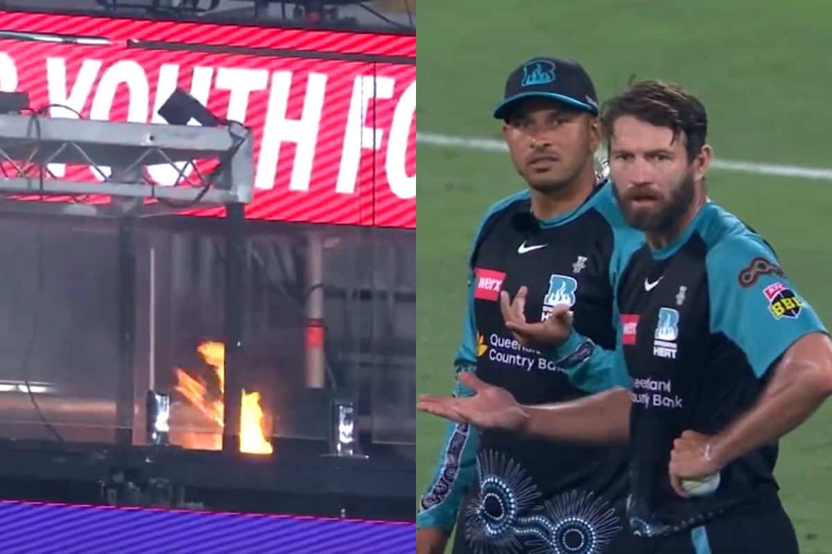 Fire broke out in the stands at The Gabba in Brisbane during Brisbane Heat vs Hobart Hurricanes match