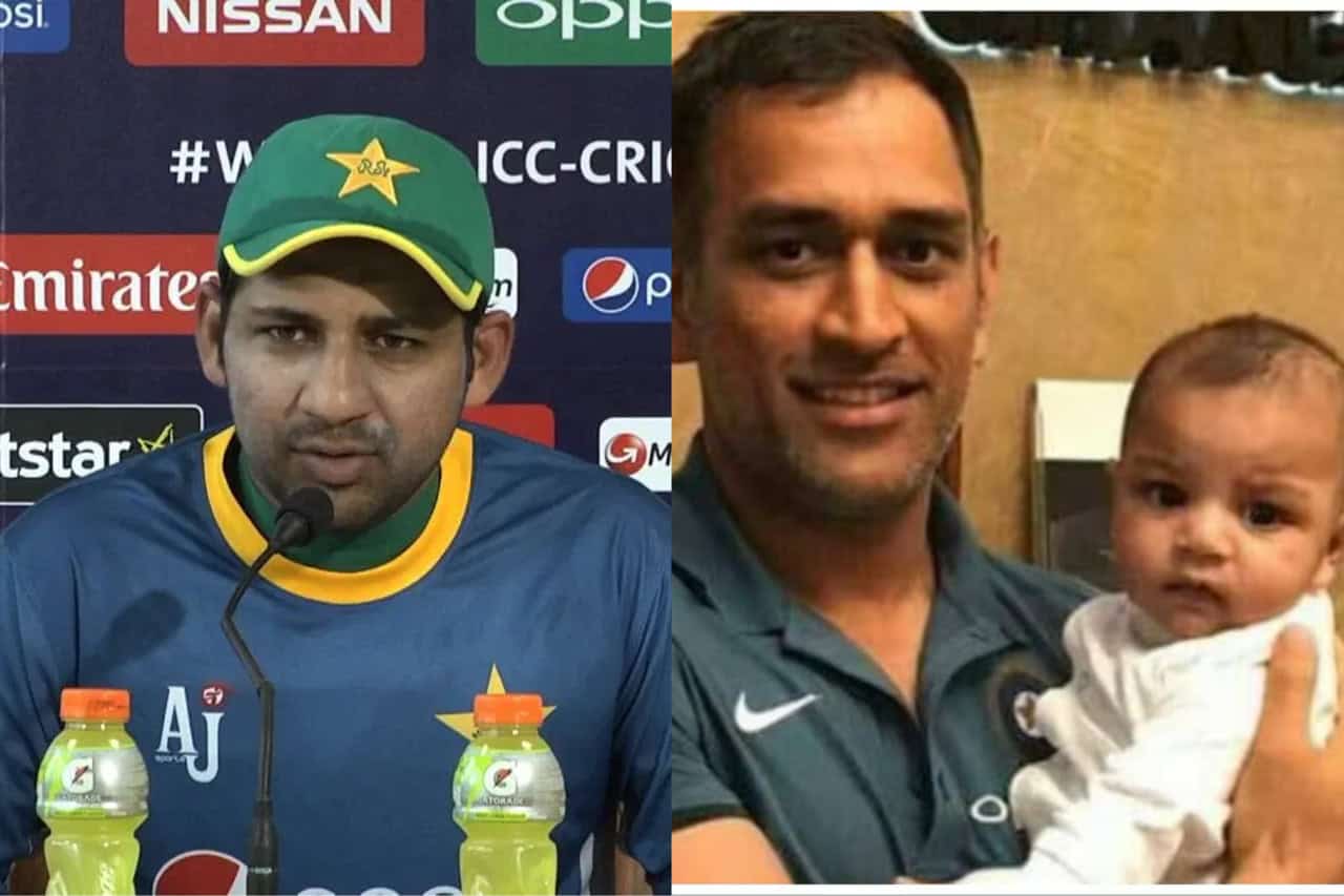 MS Dhoni with Sarfaraz Ahmed son