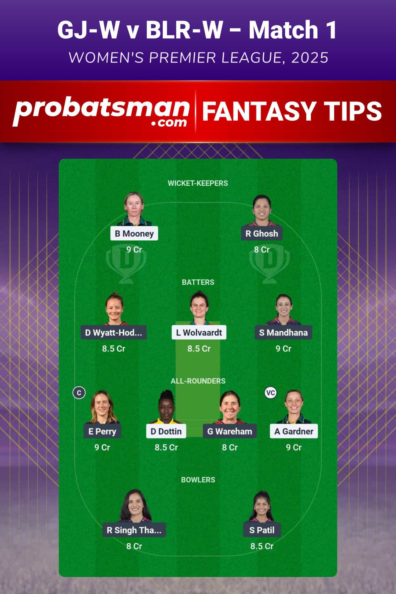 GJ-W vs BLR-W Dream11 Prediction For Match 1 of Women's Premier League (WPL) 2025