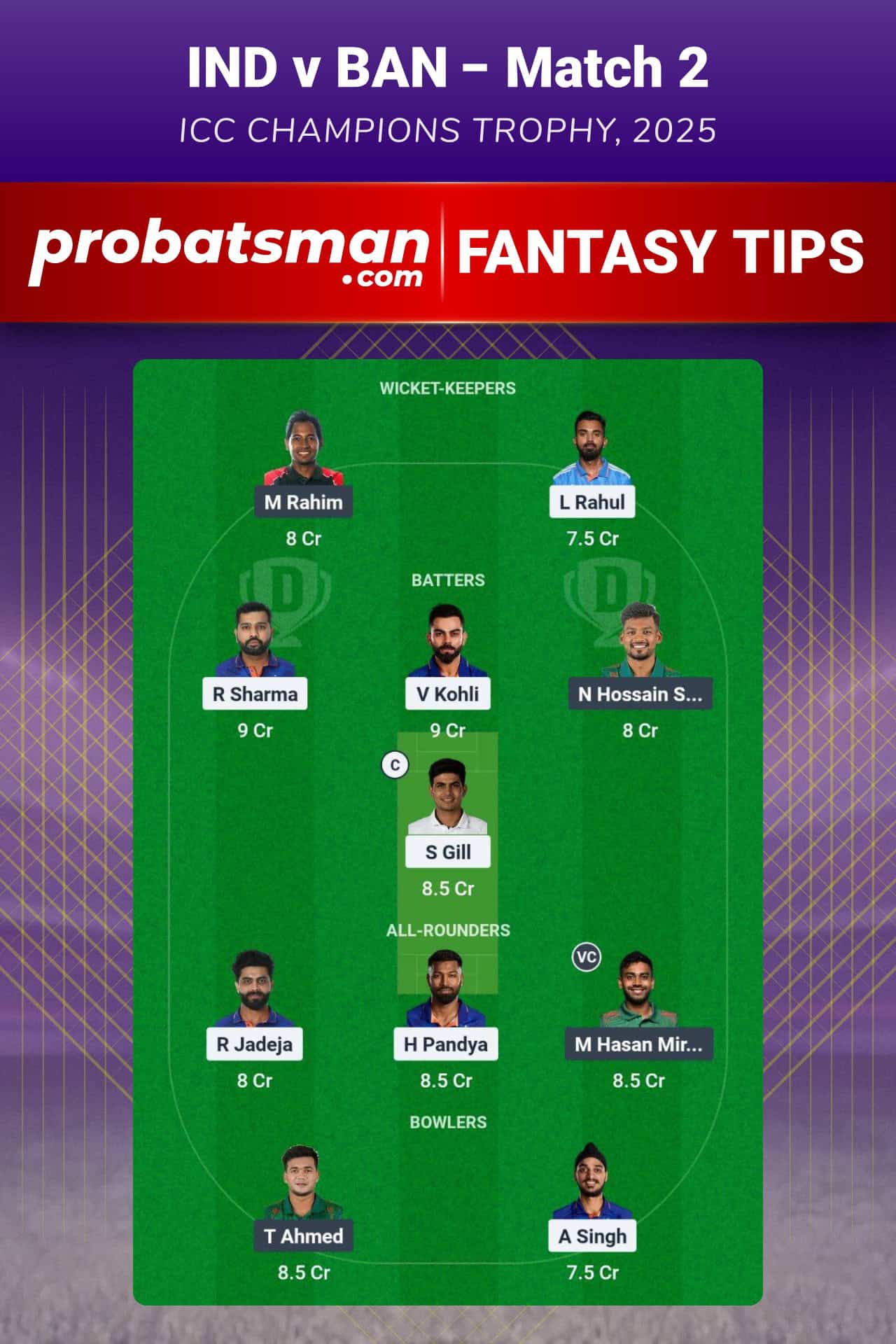 IND vs BAN Dream11 Prediction For Match 2 of ICC Champions Trophy 2025