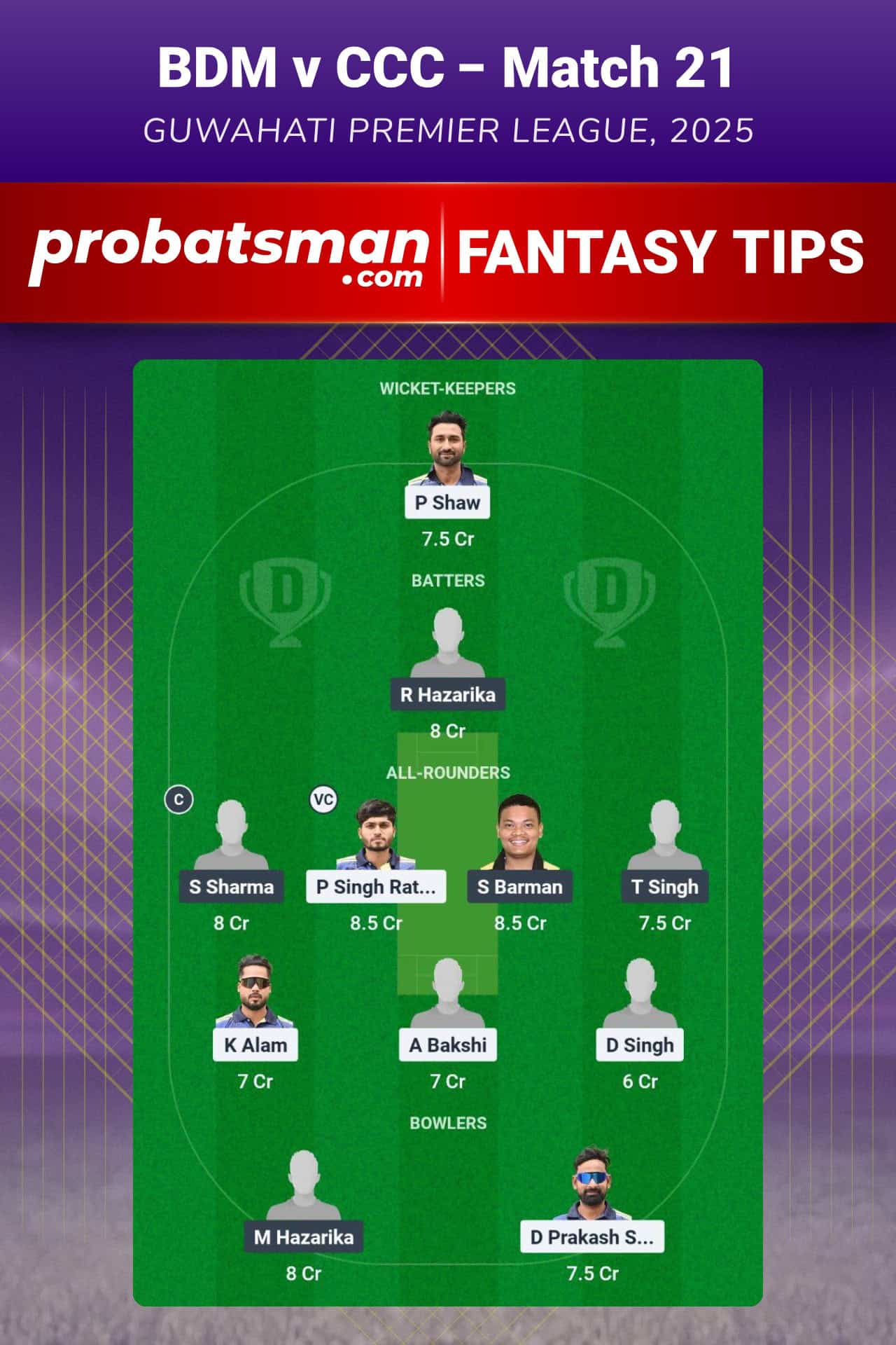 BDM vs CCC Dream11 Prediction For Match 21 of Guwahati Premier League 2025