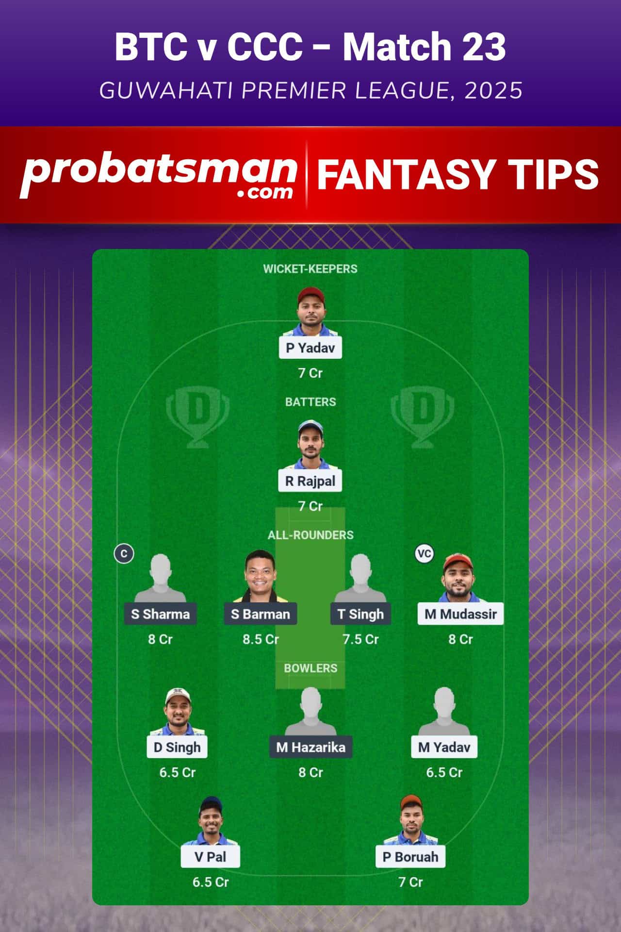 BTC vs CCC Dream11 Prediction For Match 23 of Guwahati Premier League 2025