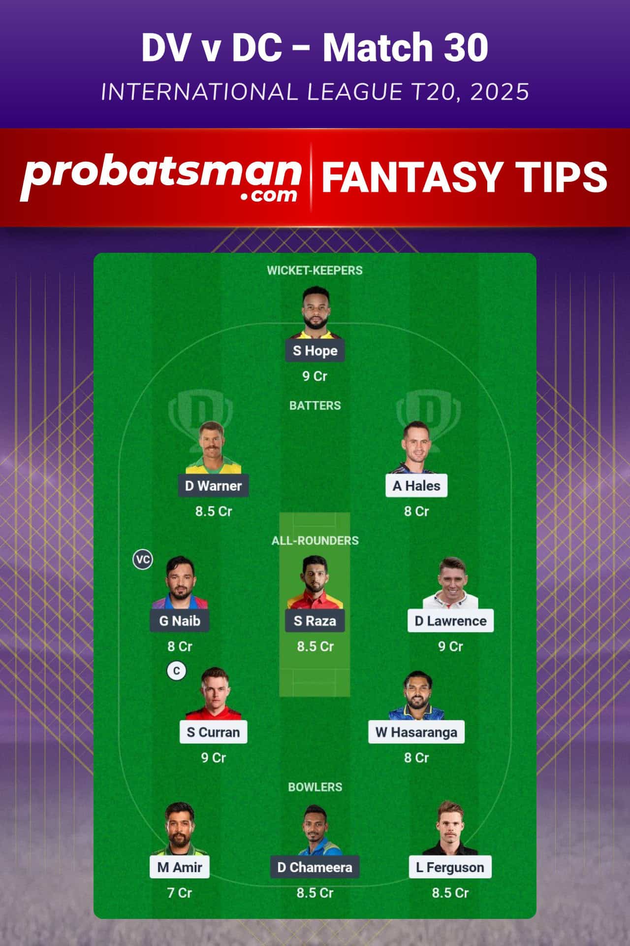 DV vs DC Dream11 Prediction For Match 30 of International League T20 2025