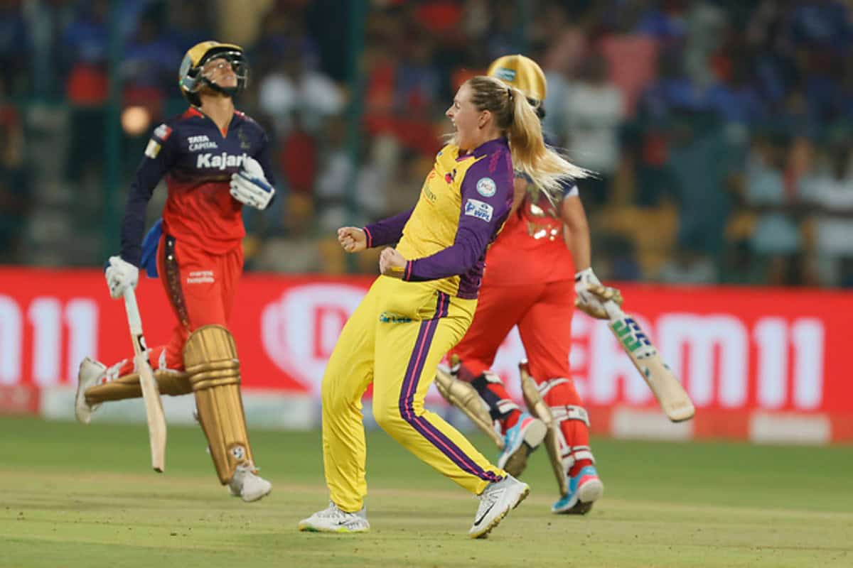 Sophie Ecclestone Celebrating Victory over Royal Challengers Bengaluru Women in Super Over