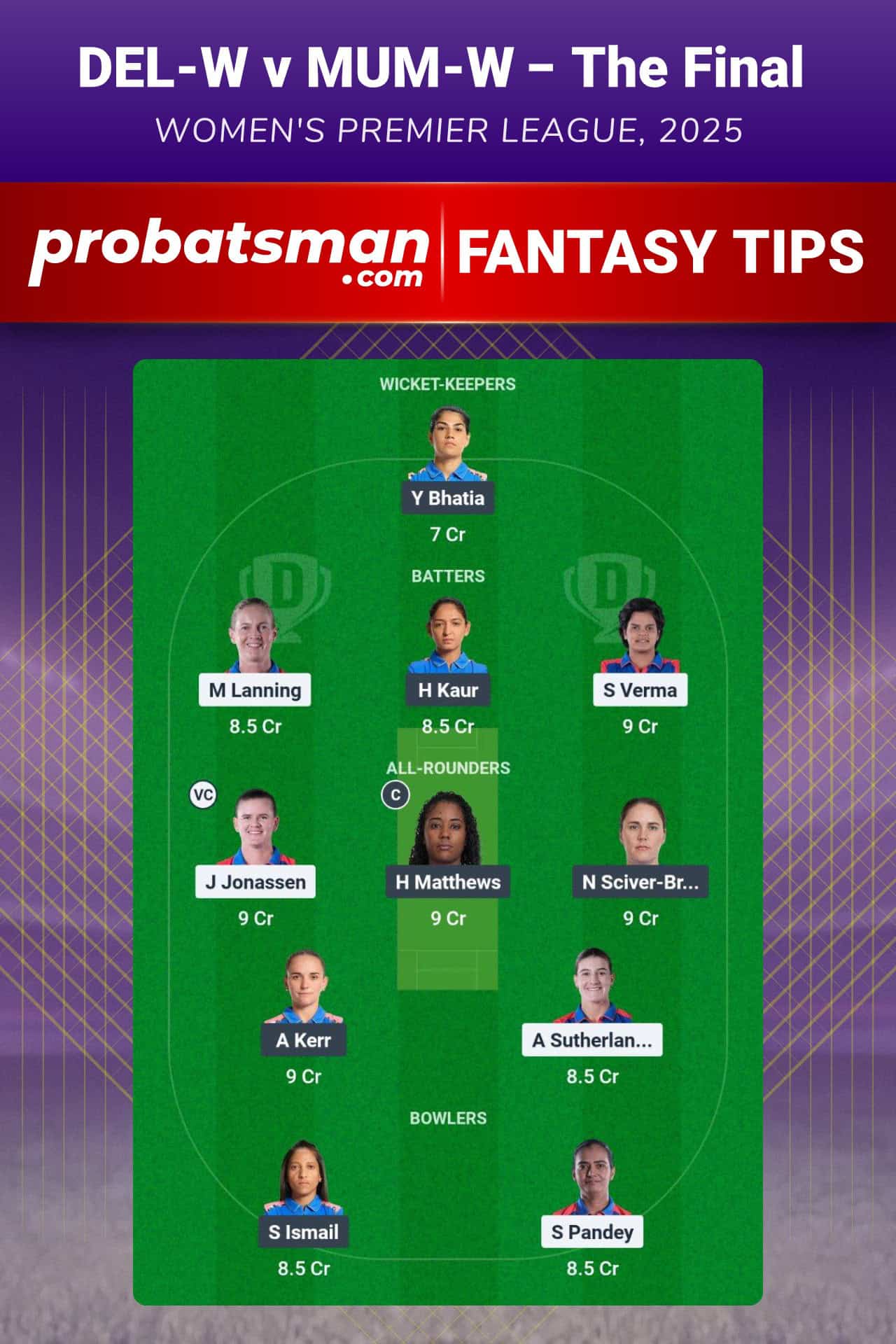 DEL-W vs MUM-W Dream11 Prediction For The Final of WPL 2025