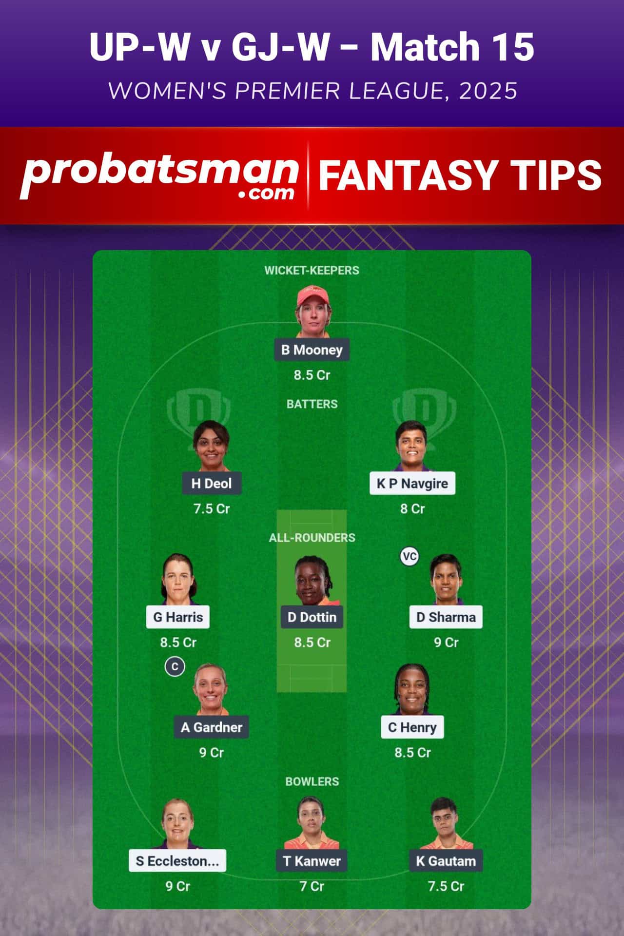 UP-W vs GJ-W Dream11 Prediction For Match 15 of WPL 2025