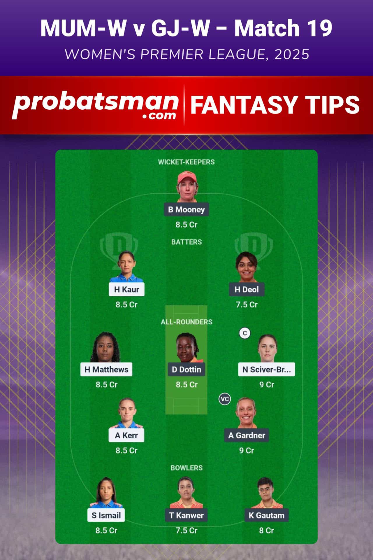  MUM-W vs GJ-W Dream11 Prediction For Match 19 of WPL 2025