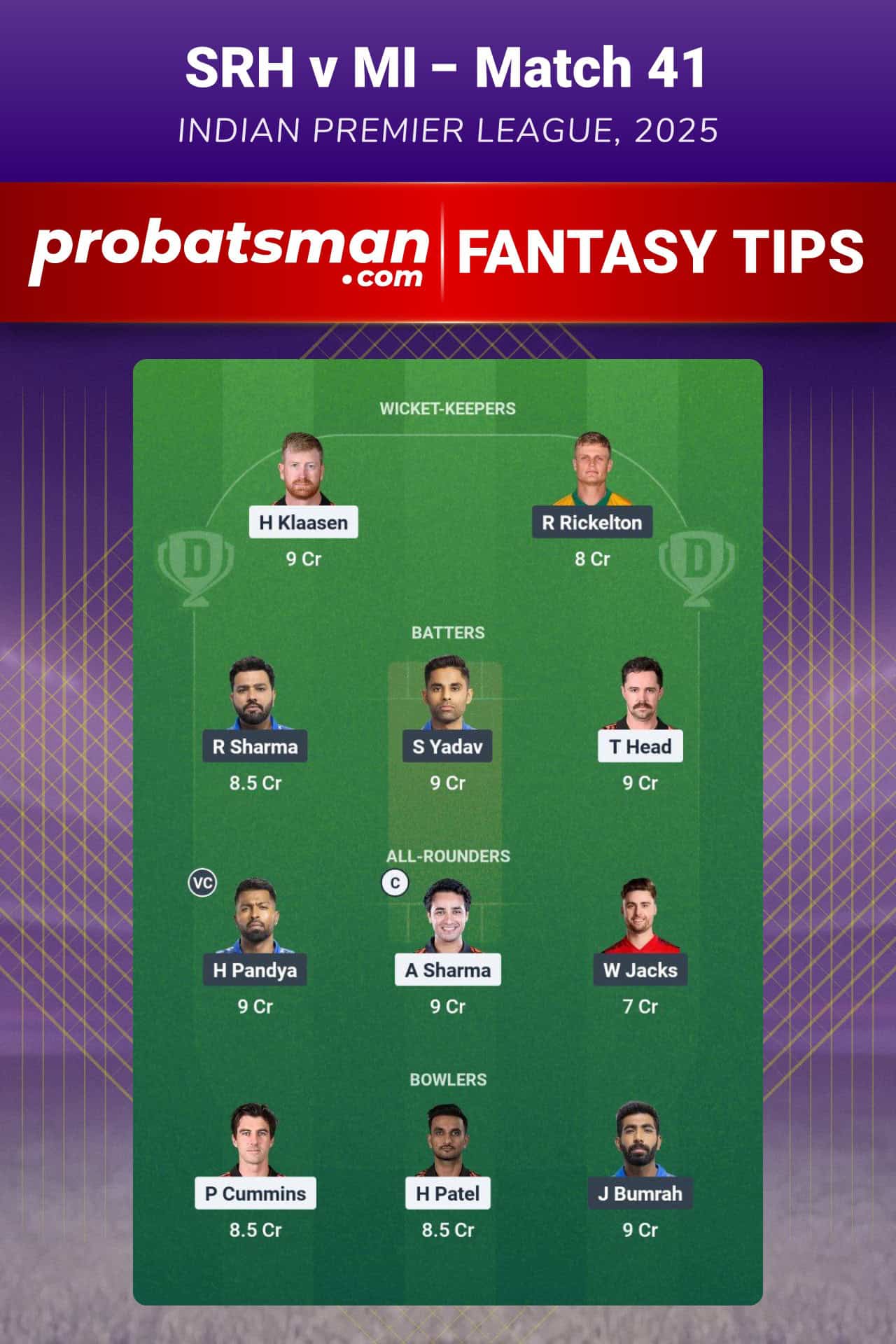 SRH vs MI Dream11 Prediction For 41st Match of IPL 2025